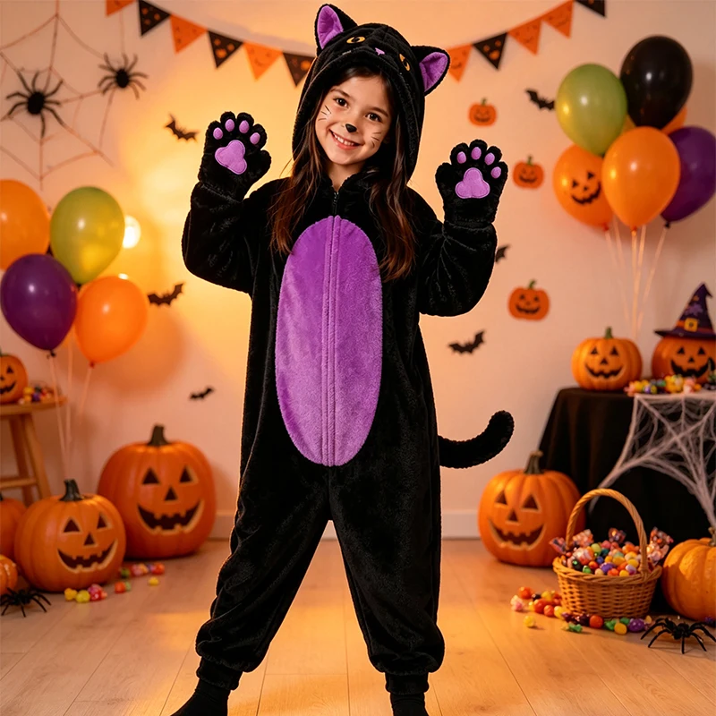 Girls Animal Pajamas Halloween Costume for Kids Cats Costume Jumpsuit Cartoon Homewear for Children Stage Performance Outfit ﻿