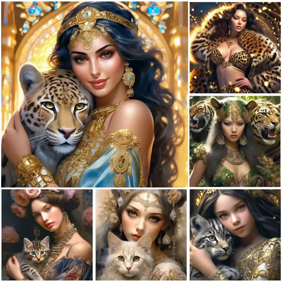 Diy Diamond Painting Kits New Collection Woman And Tigers Fox Full Drill Mosaic Embroidery Pet Animals Cats Picture Wall Decor