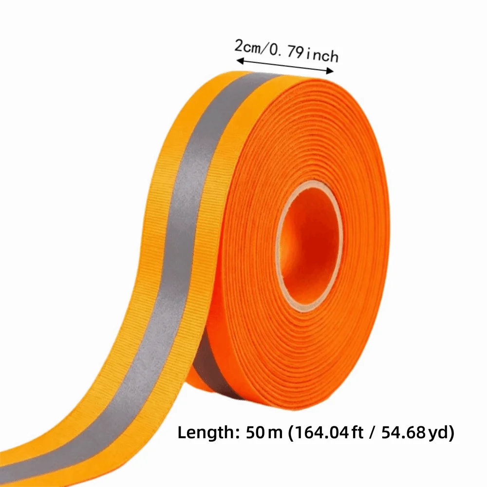 Fluorescent Orange Reflective Ribbon Sew On Style Polyester Fabric Reflective Webbing Tape 20mm Width 50m Roll Length