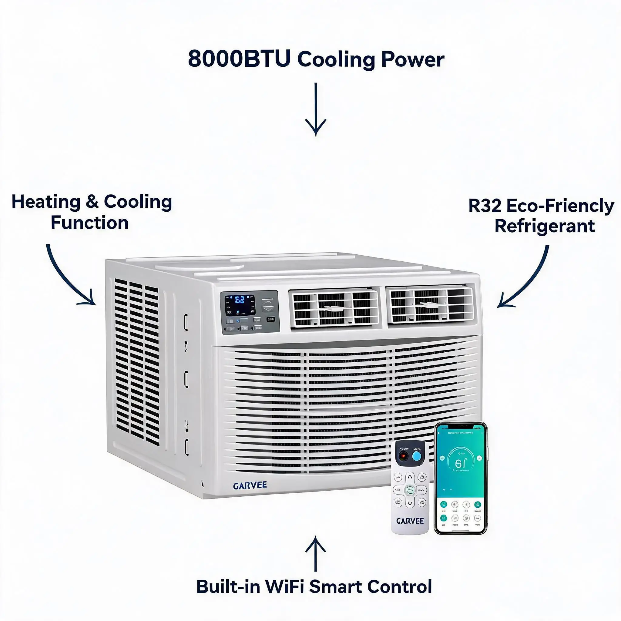 Window Air Conditioner 8000 BTU With Heat Energy Efficient AC Unit Remote Control WiFi Enabled Compatible With Alexa And Google Assistant For Room Up To 350 Sq Ft
