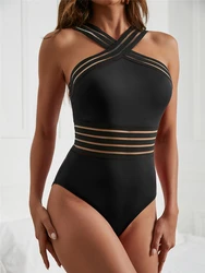 Solid Mesh Tape Swimsuit 2025 One Piece Sexy High Neck Swimwear Women Cross Front Bathing Suit Female Padded Beachwear Bodysuit