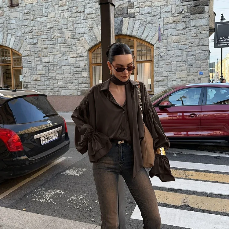 

Solid Spliced Button Loose Blouses Fashion Brown Satin Women's Shirt Elegant Lapel Long Sleeve Shirts Casual Classic Blusas Top