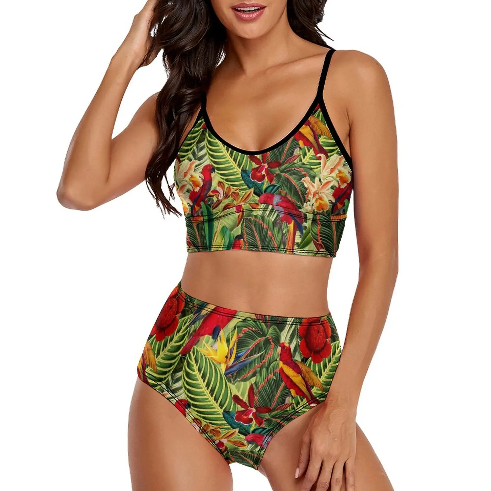 Tropical Birds Flower Bikini Swimsuit Sexy Leaves High Waist Bikinis Set Women 2 Piece Swimwear Graphic Sport Feminine Bikinis