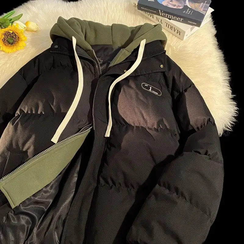 Dámská zahušťovací kapuce s falešnou dvoudílnou bavlněnou prošívanou kabátem podzim/zima zip kontrastní barevná bunda streetwear unisex svrchní oblečení - náhled 3