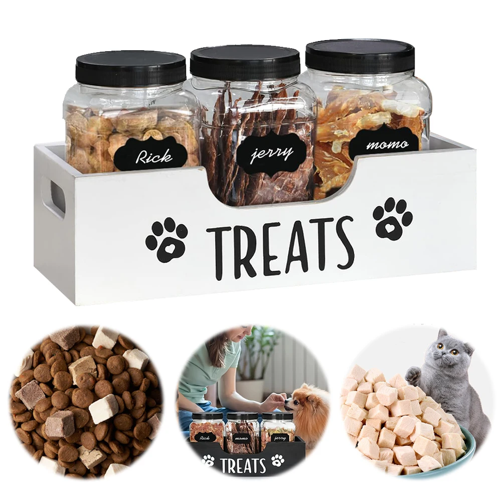 나무로 만든 애완동물 간식 보관함 플라스틱 간식통 음식 보관 홀더 (화이트)