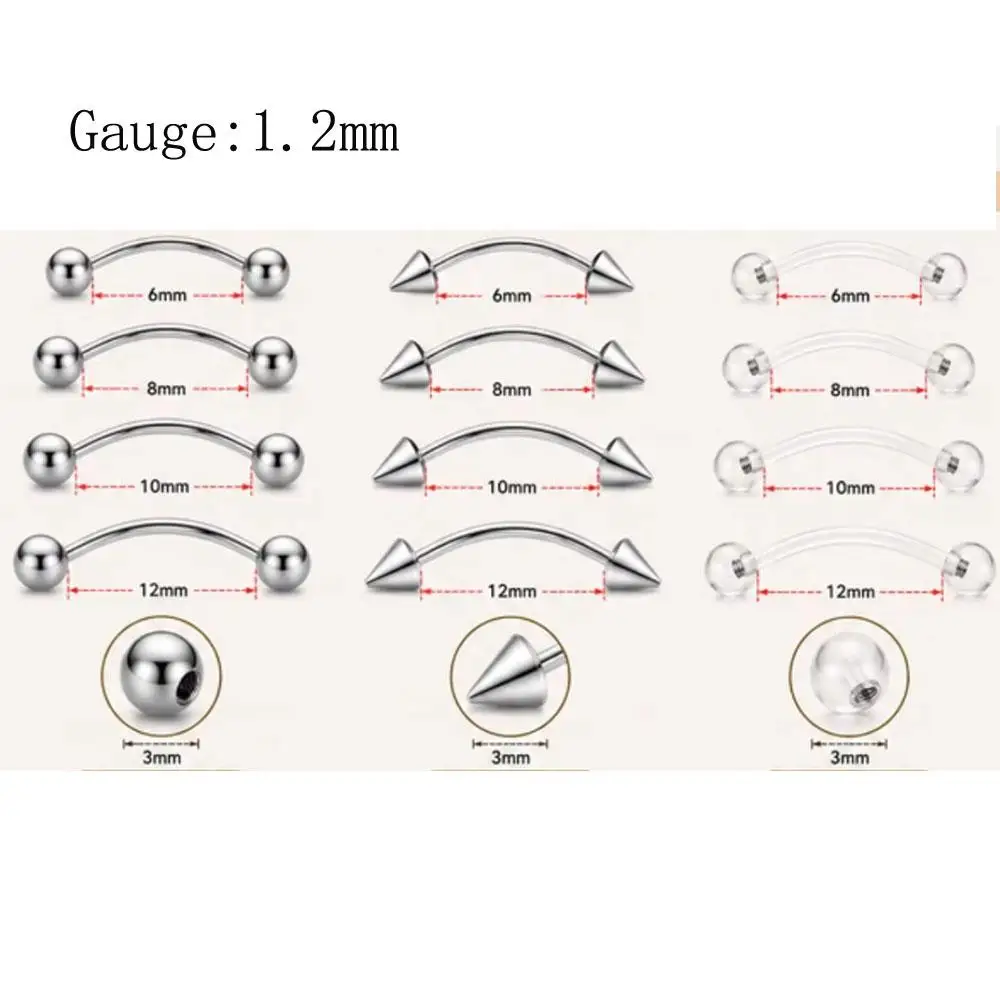 17Pcs Set Eyebrow Piercing Jewelry with Tool Stainless Steel Curved Barbells with Clear Piercing Retainers for Surgery Ball Cone