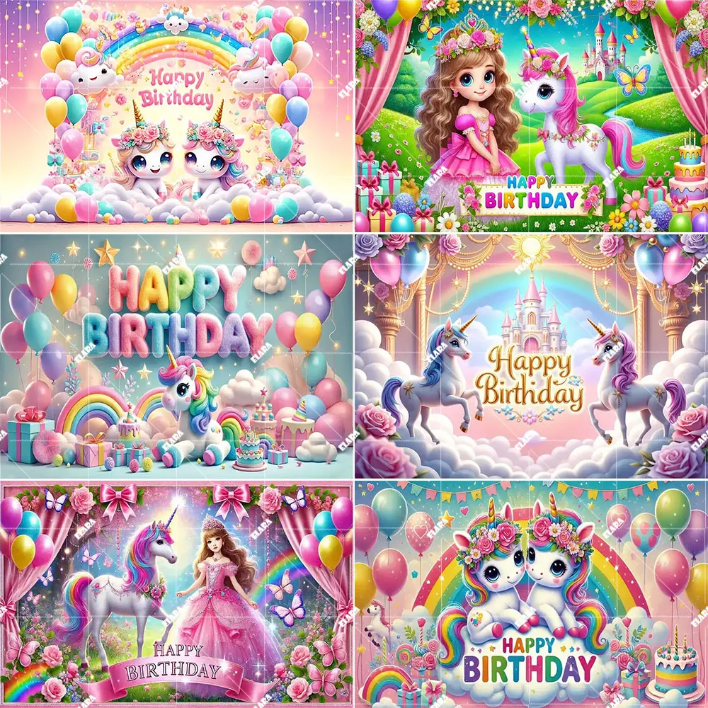 

2D Cartoon Rainbow Unicorn Theme Princess Birthday Party Decor Fairy Forest Girl Baby Shower Background Photozone Studio Props
