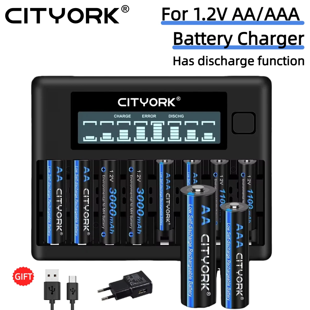 CITYORK 4-16 Stück 1,2V AA+AAA Wiederaufladbare NIMH-Batterien AA 3000mAh AAA 1100mAh mit 8 Steckplätzen 1,2V AA AAA Batterieladegerät