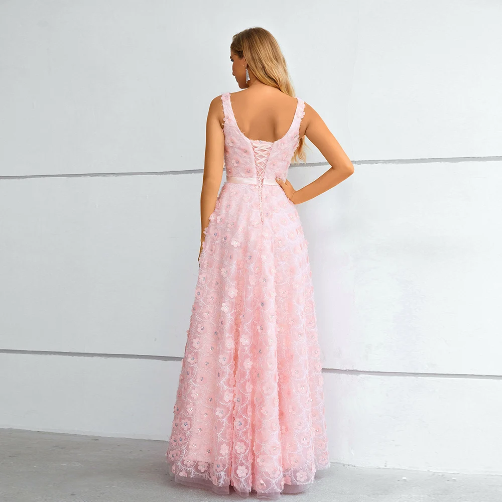 Customized Exquisite Square Collar A-Line Evening Dresses Pink 3D-Flowers Sleeveless Lace Sequin Long Prom Gown Modern Tulle Par