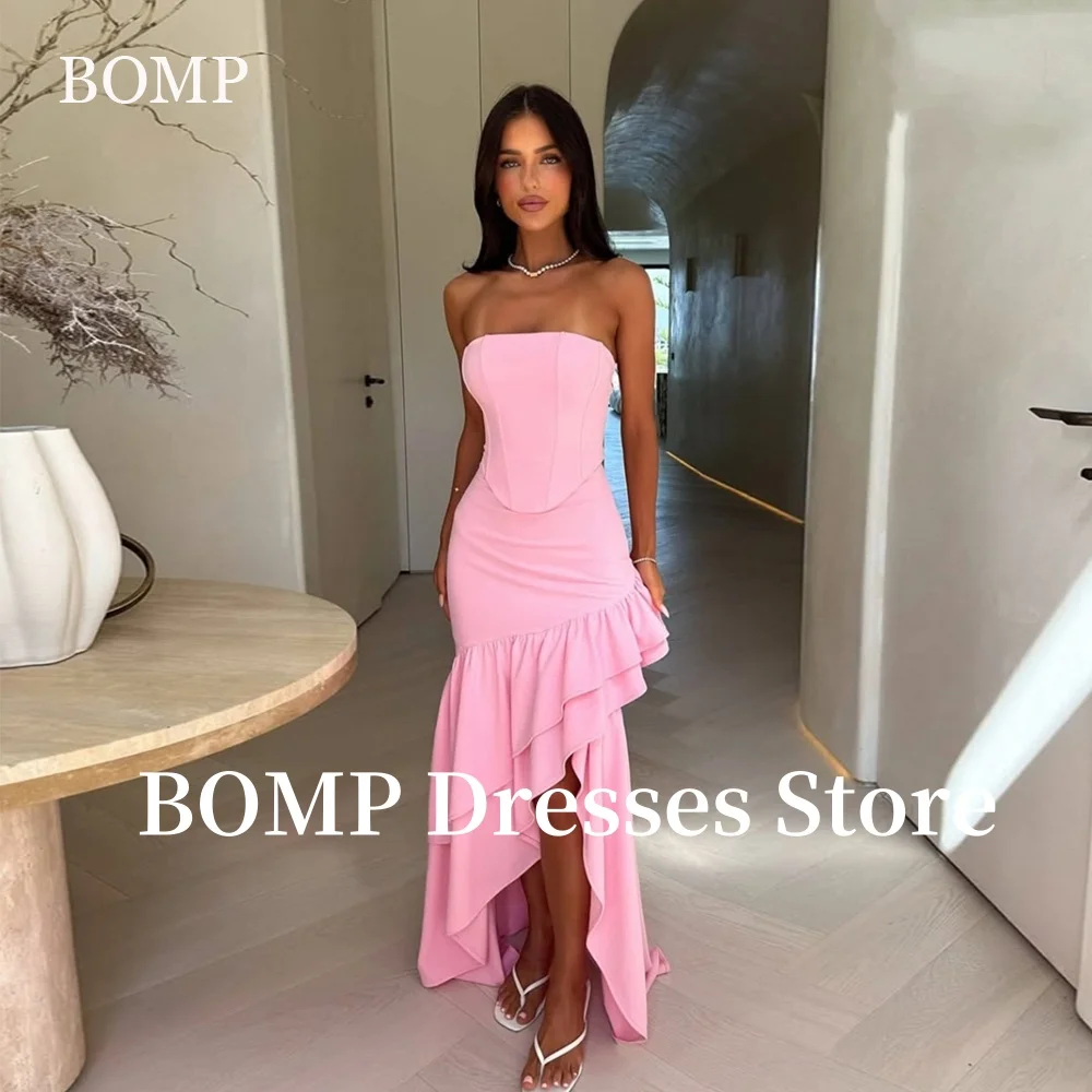 

BOMP Elegant Pink Prom Dresses Ruffle Hi-Lo Strapless Floor Length Evening Dress Candy Color Party Gowns Saudi Arabia Customized