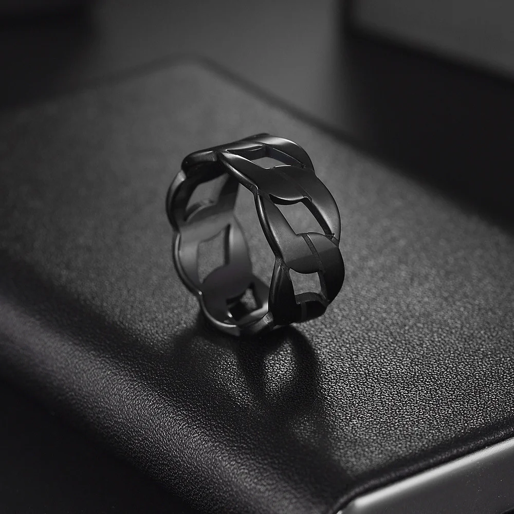Offener Kettenglieder-Ring für Herren, goldfarben, aus poliertem Edelstahl, Schmuck mit ineinandergreifendem Muster, auffälliger, urbaner Stil. – Detail 4