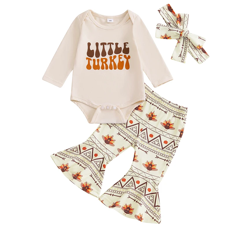 

2024 New Baby Girl Thanksgiving Outfits Letter Print Long Sleeve Romper Turkey Print Flare Pants Headband 3Pcs Clothes Set