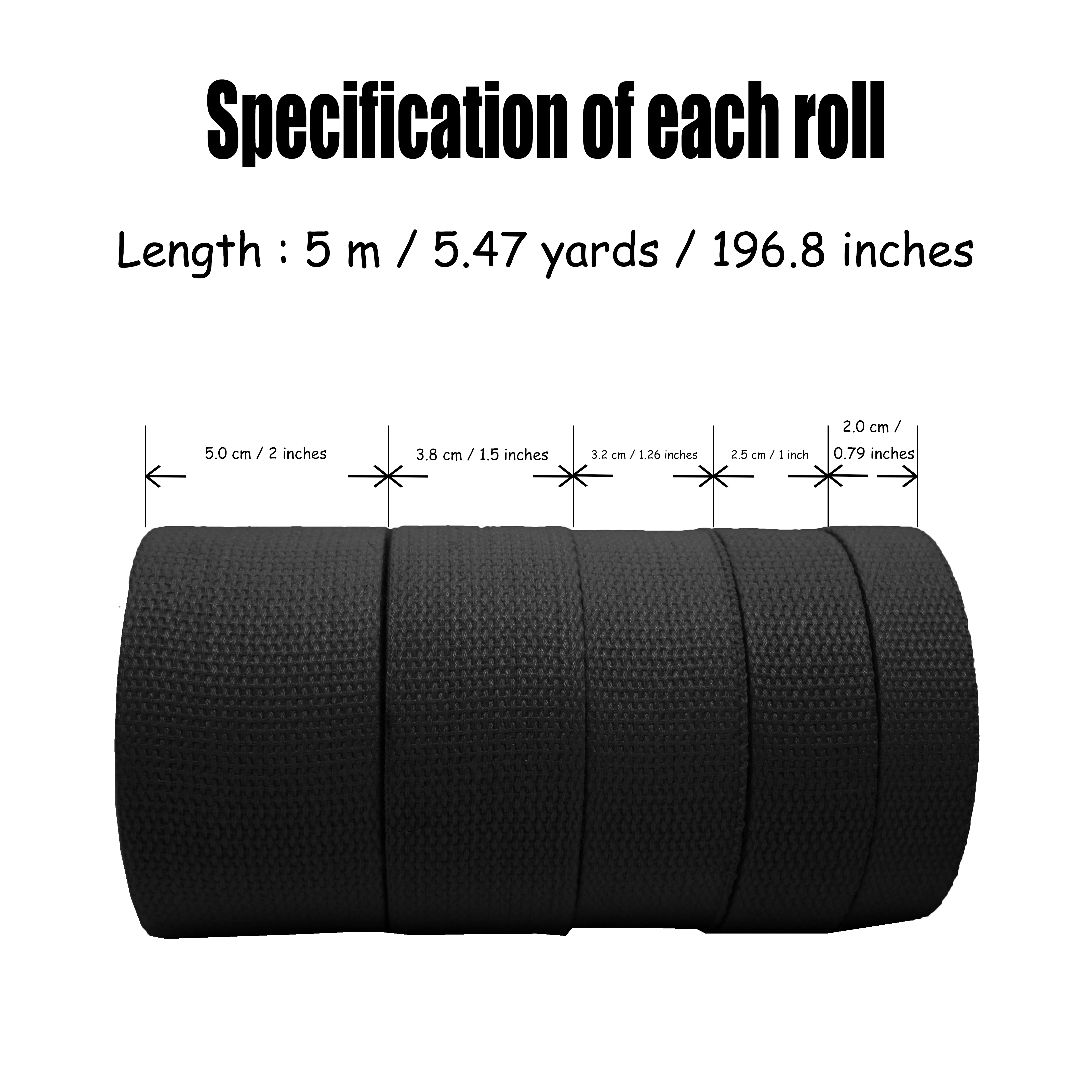 Polyester cotton black woven tape with 5 m in length and 5 widths to choose from, suitable for handmade and DIY projects