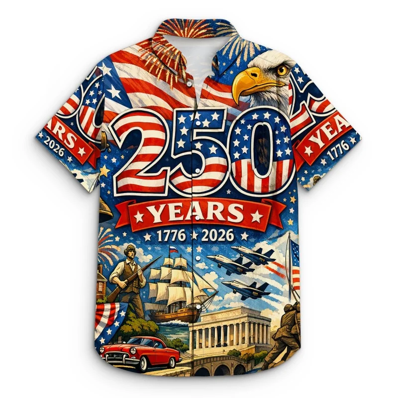 

USA 250th Anniversary Landmark Graphic Hawaiian Shirt For Men Eagle 3D Printed Short Sleeves Summer Blouses Lapel Aloha Shirts