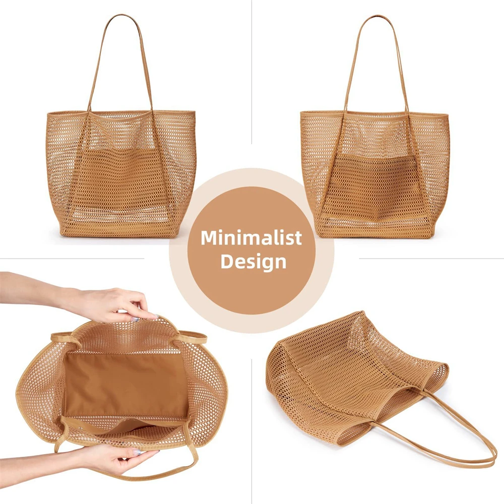 Beach Bag Hot Sale Mesh Beach Bags Cross Border Caramel Color Toiletry Fashion Bag Swimwear Storage Bag Shoulder Tote Bag