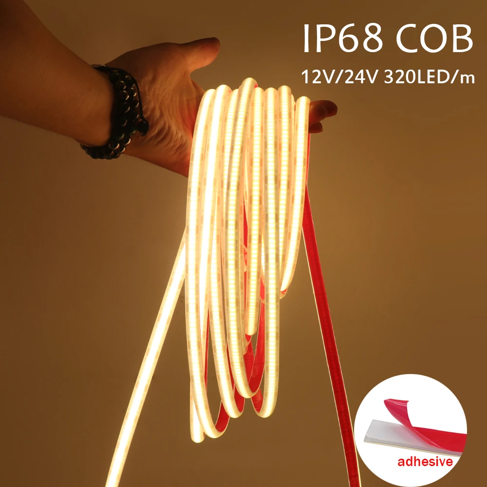 Waterproof IP68 COB LED Strip Light DC 12V/24V CRI90 Flexible Led Tape 320Leds/m Silicone Tube High Density Liner Lighting Lamp