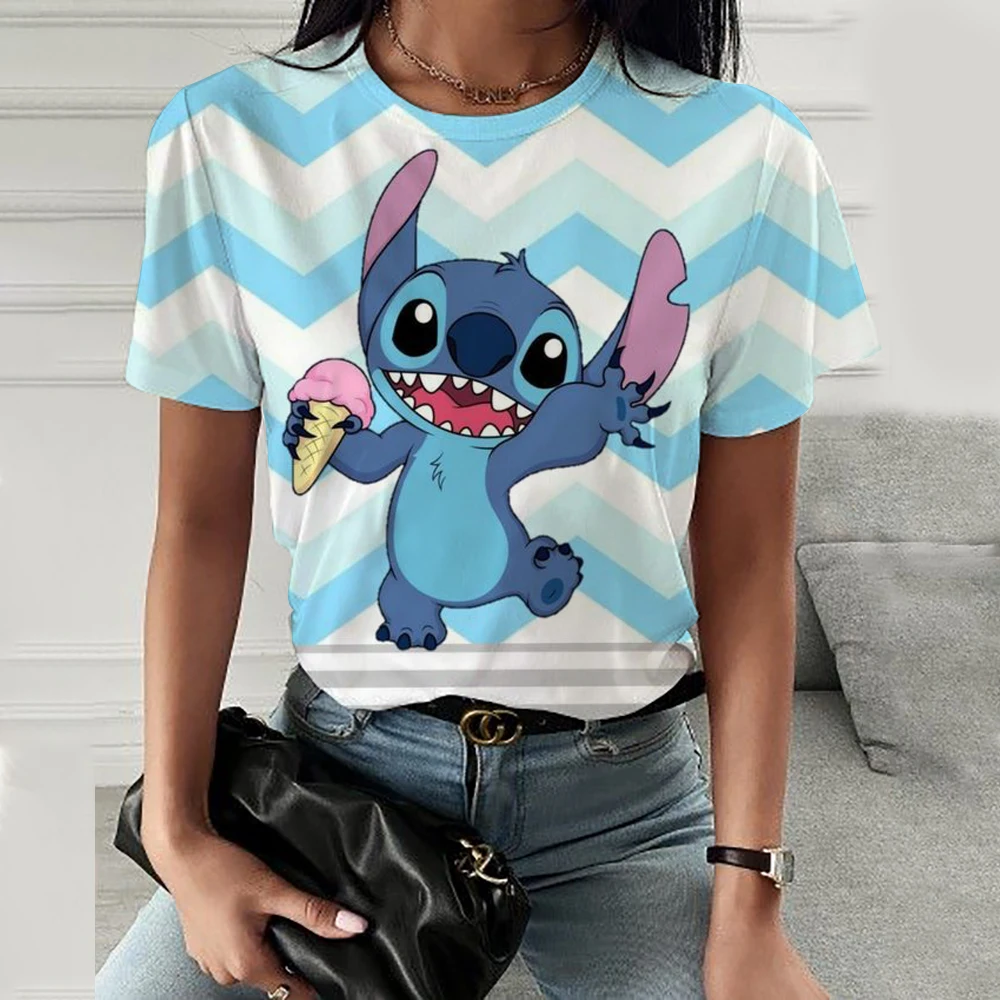 Kawaii Lilo Stitch Print T-shirts Tops for Women Lady Summer Children T-shirts Casual O-neck Ohana Stitch Disney T-shirts