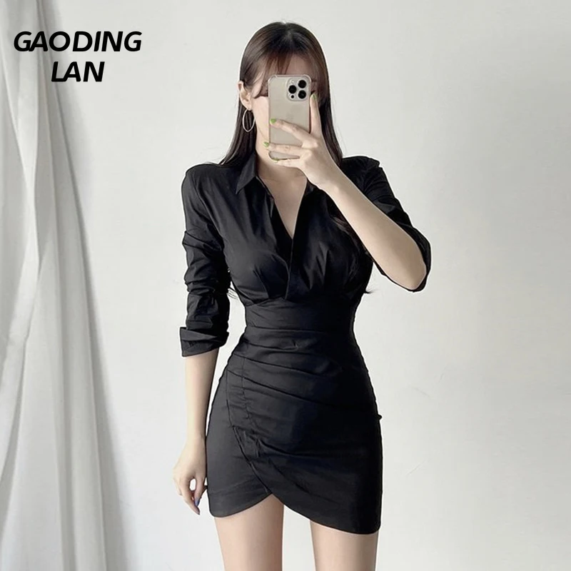 Shoulder Pad Sexy Waist Tightening Women Shirt Dress Slim High Waist Buttocks Wrapped Dress Female Long Sleeve Black Mini Dress