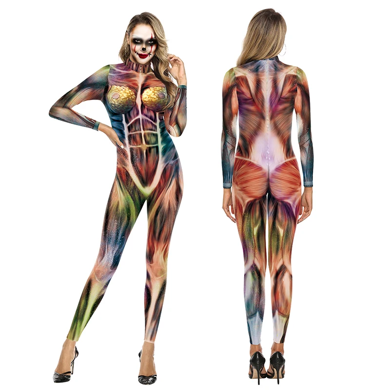 Bunte Muskel muster Overall Spandex Elastizität dünne Bodysuit Party Catsuit Halloween Tag des toten Cosplay Kostüms