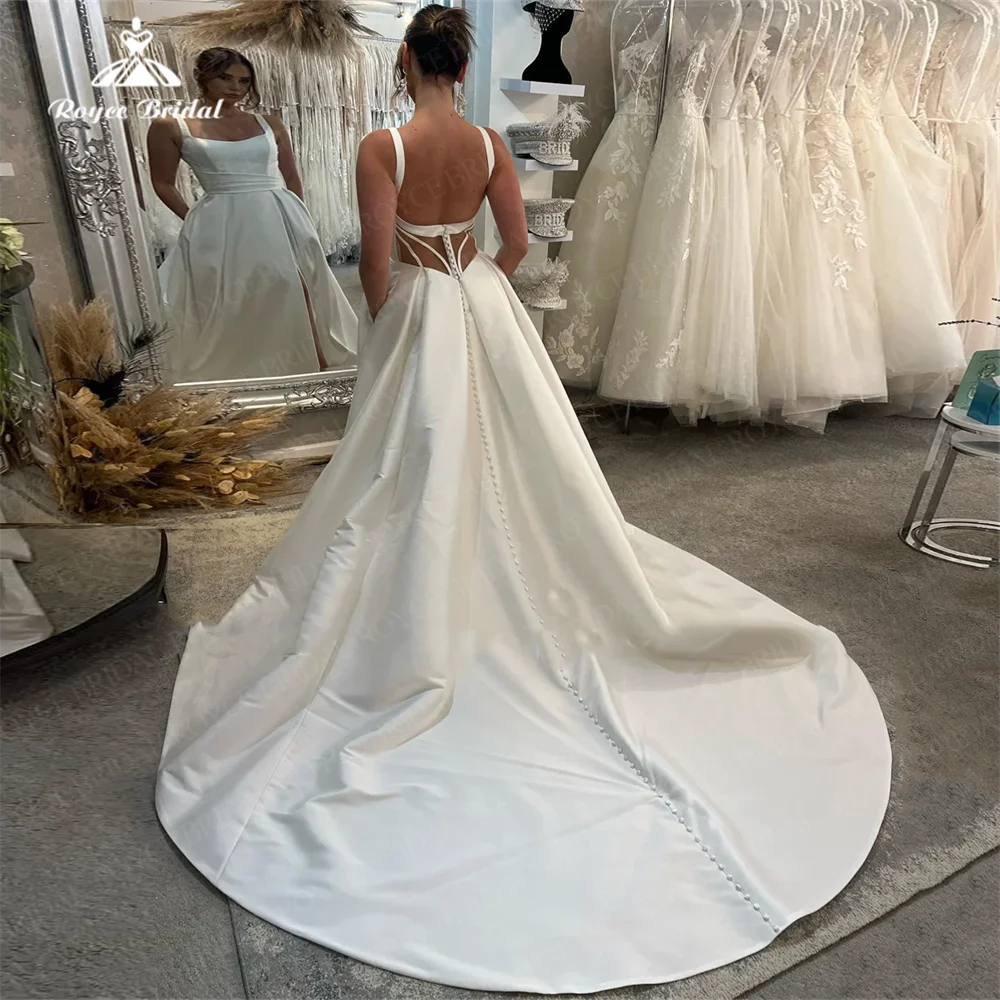 Roycebridal-Robe de Mariée en Satin à Volants, Tenue Éducative, Simple, A-ligne, pour les Patients de quel Côté, Fendue avec un Bouton