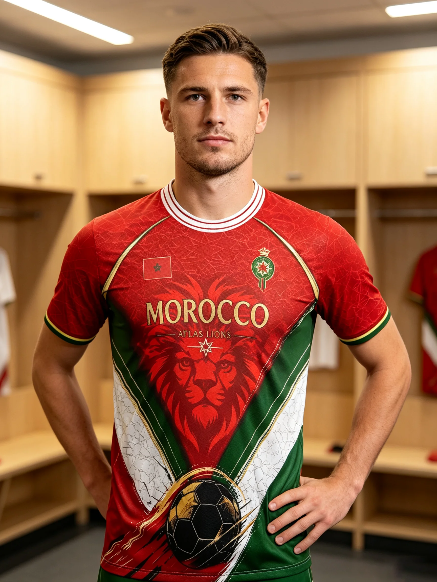 Morocco themed football jersey, Atlas Lions graphic, gold trim, moisture‑wicking fabric, athletic fit