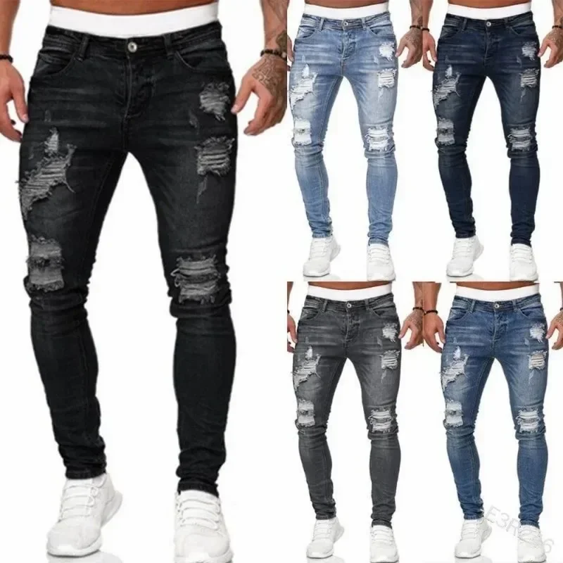 New Retro Ripped Pencil Small Foot Skinny Jeans for Men Motorcycle Streetwear Stretch Straight Casual Slim Jeans Male