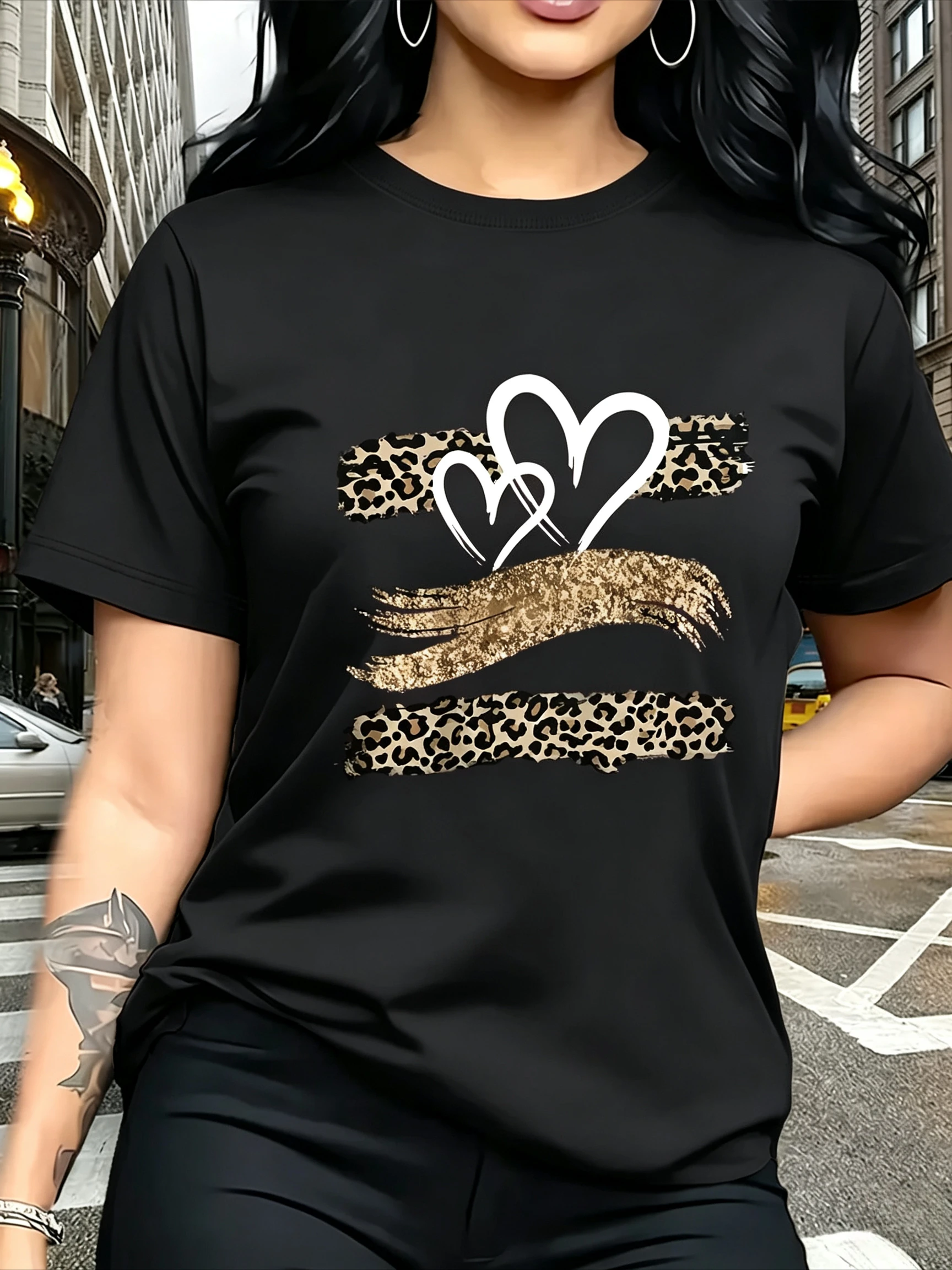 Leopard Double Heart Brush Stroke Graphic T Shirt for Women Glitter Print Short Sleeve Casual Top Streetwear Dating Party Outfit