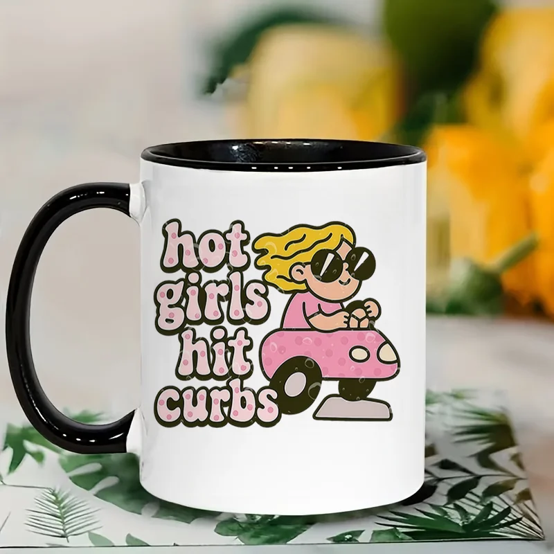 Hot Girls Hit Curbs Cartoon Print Ceramic Coffee Mug, 11oz 350ml Colorful Print Mug, Personalized Custom Mug, Microwave Safe Cut