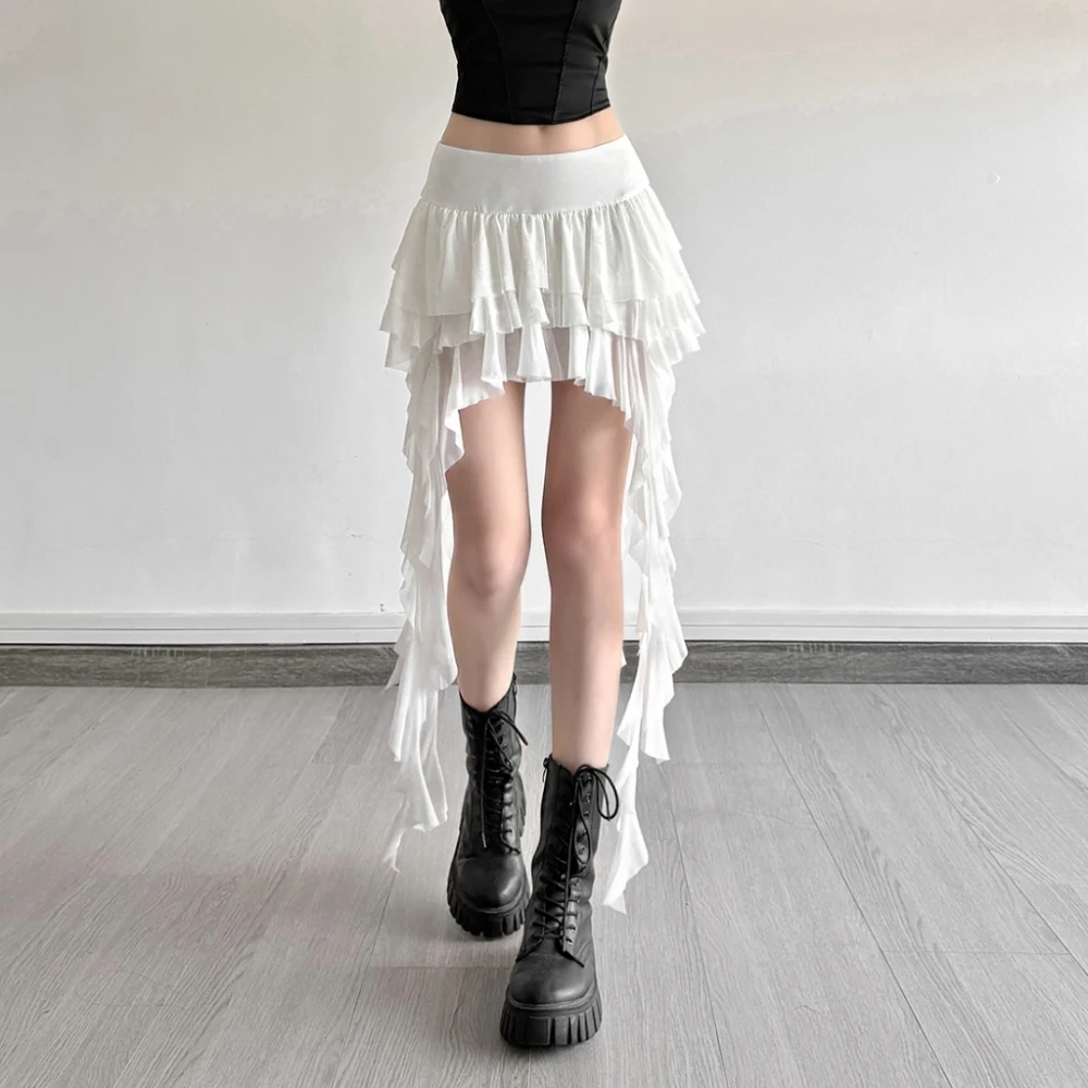 SylCue Ruched Elegant Mini Skirts Women Y2K Sweet Style Elastic Waist Ruffles Tassel Street Fashion Trend Solid Classic Outfits