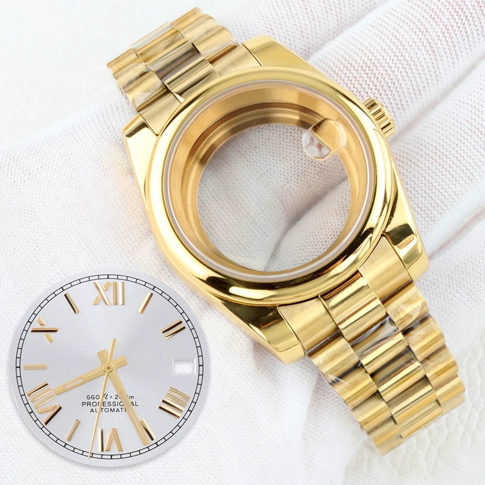 28.5mm Gold Dial Hands 36mm/39mm NH35 Watch Case Sapphire Stainless Steel Presidential Strap For DATEJUST NH35 NH36 Movement