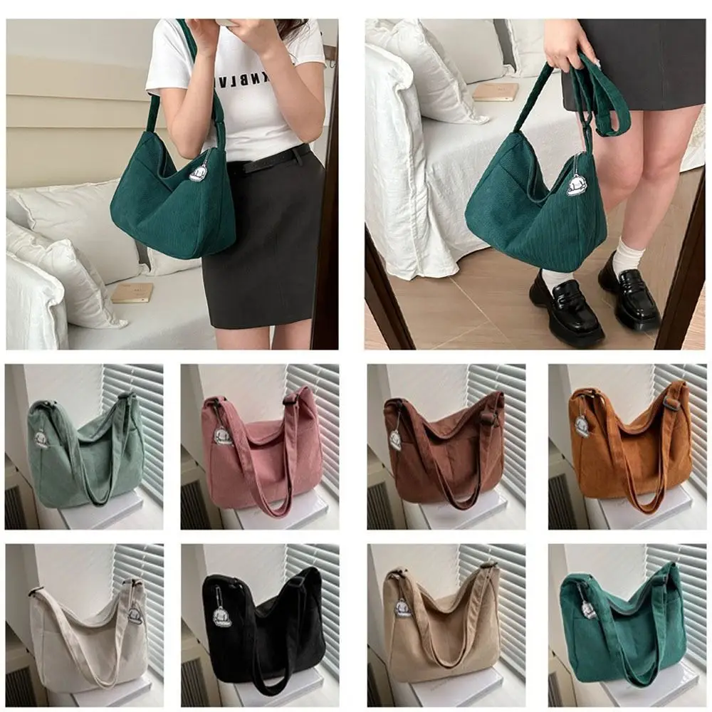 

Fashion Corduroy Shoulder Bag Solid Color Large Capacity Crossbody Bag with Pendant Women Messenger Bag