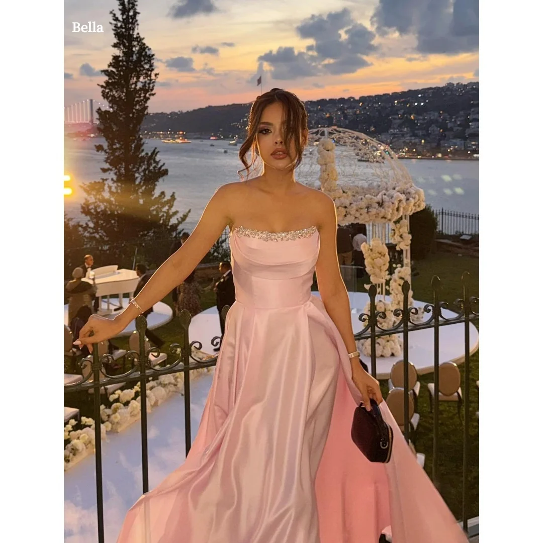 

Bella Customized Pink Strapless Prom Dress Satin Beaded Neckline Ruched Bodice A Line Floor Length Party Dresses robes de soirée