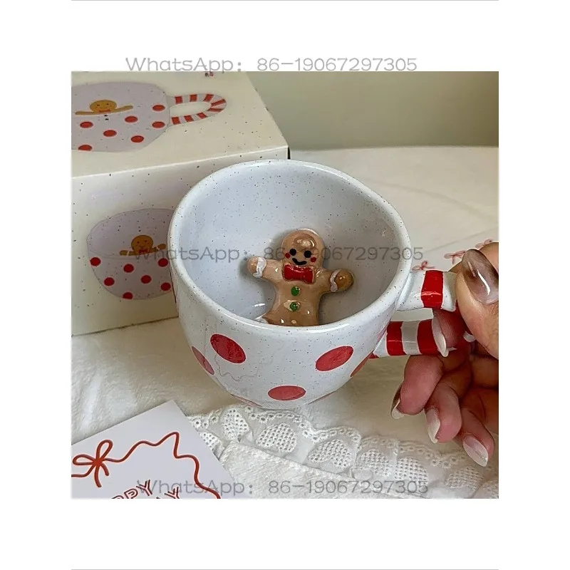 

Hand-painted gingerbread man ceramic cup with gift box, polka dot cup