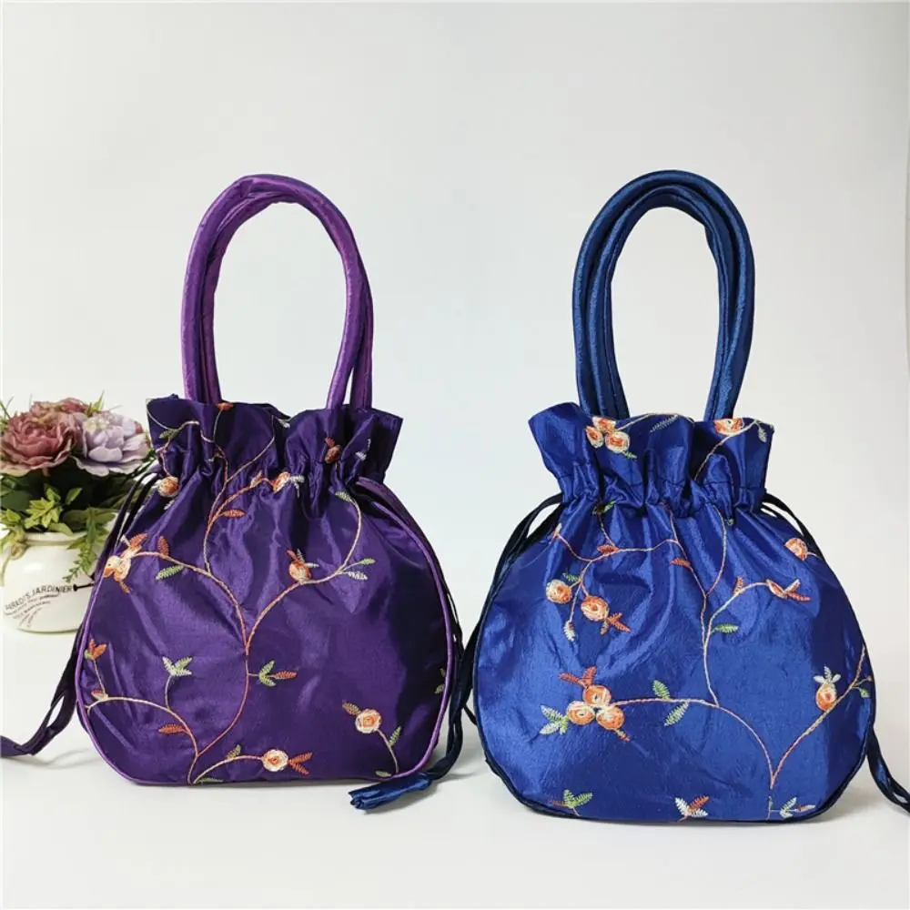 Elegant Embroidered Flower Women Flower Handbags Handmade Ethnic Style Small Bucket Bag Top Handle Purse Cosmetic Handbag Women