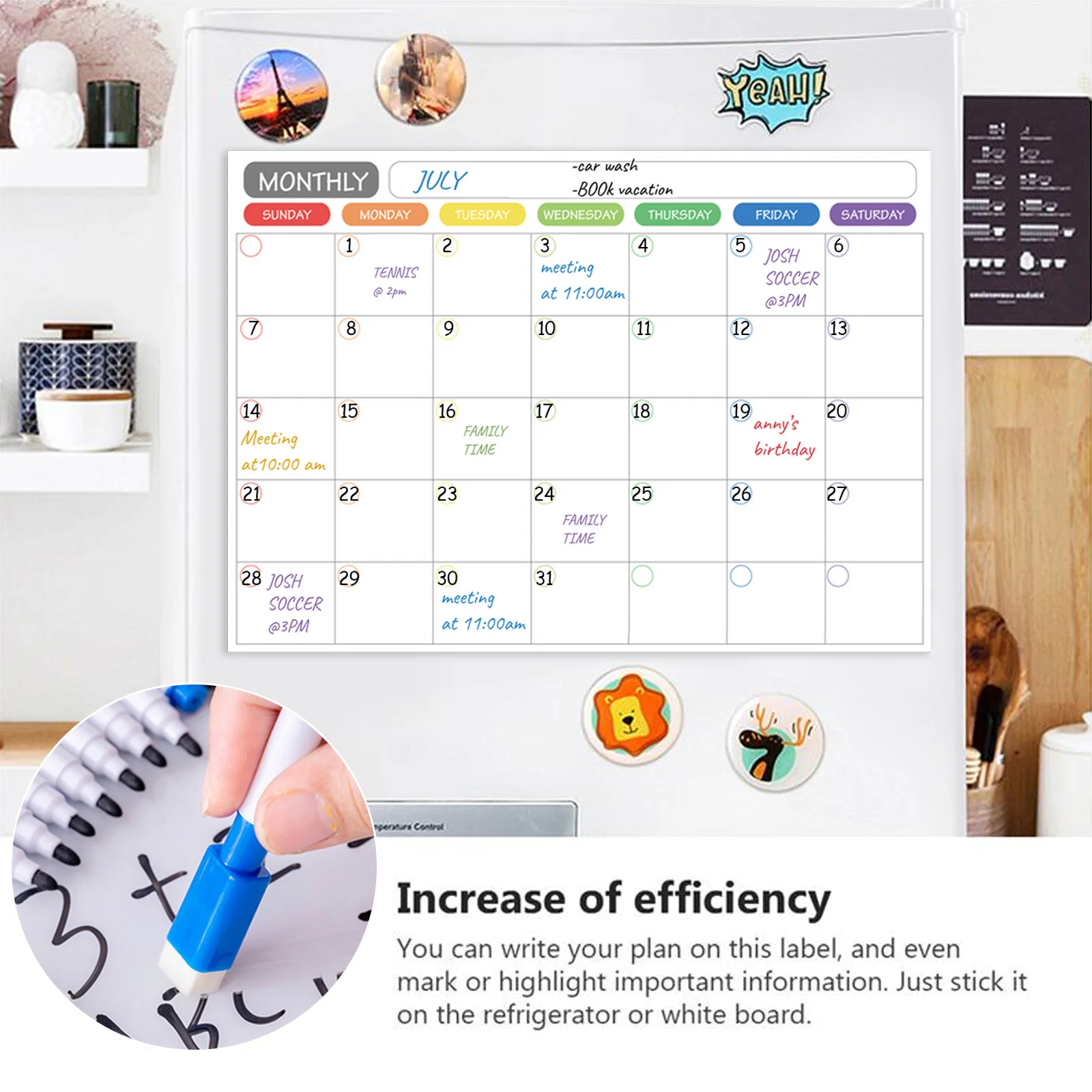 Magnetic Calendar Daily Weekly Monthly Planner Dry Erase Board Refrigerator Message Board with 6 Markers 1 Eraser 40x30cm