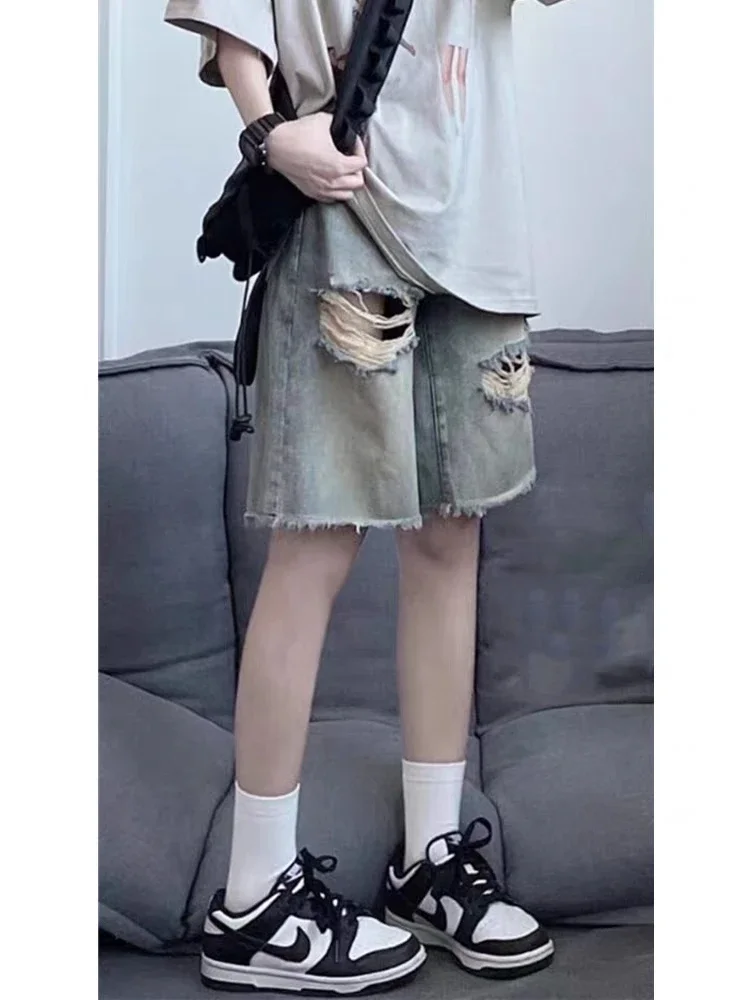 Jeans Donna Dolce Studenti Lunghezza al ginocchio Denim strappato allentato Giovane semplice stile retrò americano Chic Distressed Harajuku High Street