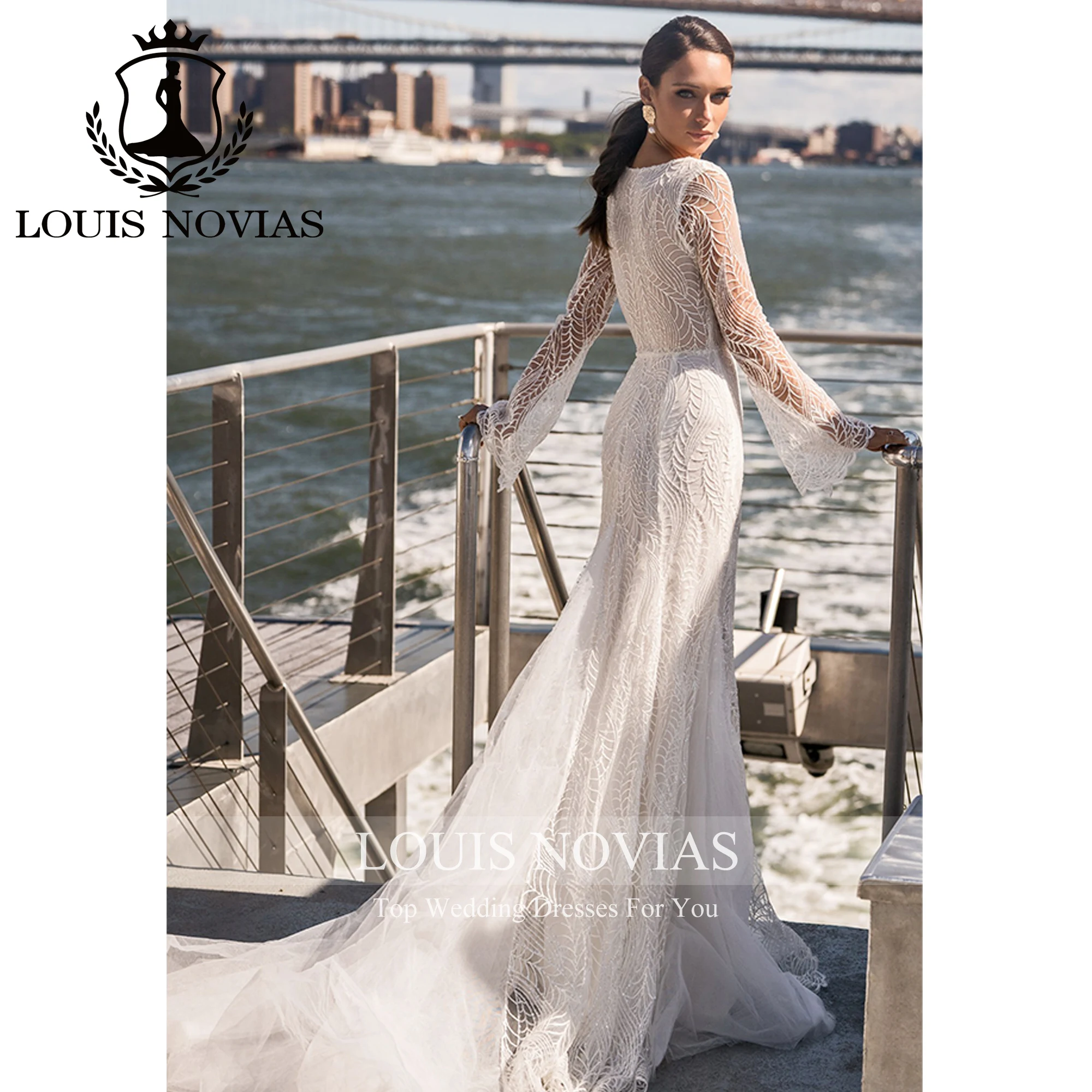 Louis novias ชุดเดรสแต่งงานทรงนางเงือกแขนบาน2023คอวีกึ่งแบบบางโปร่งใสชุดเจ้าสาวระดับไฮเอนด์