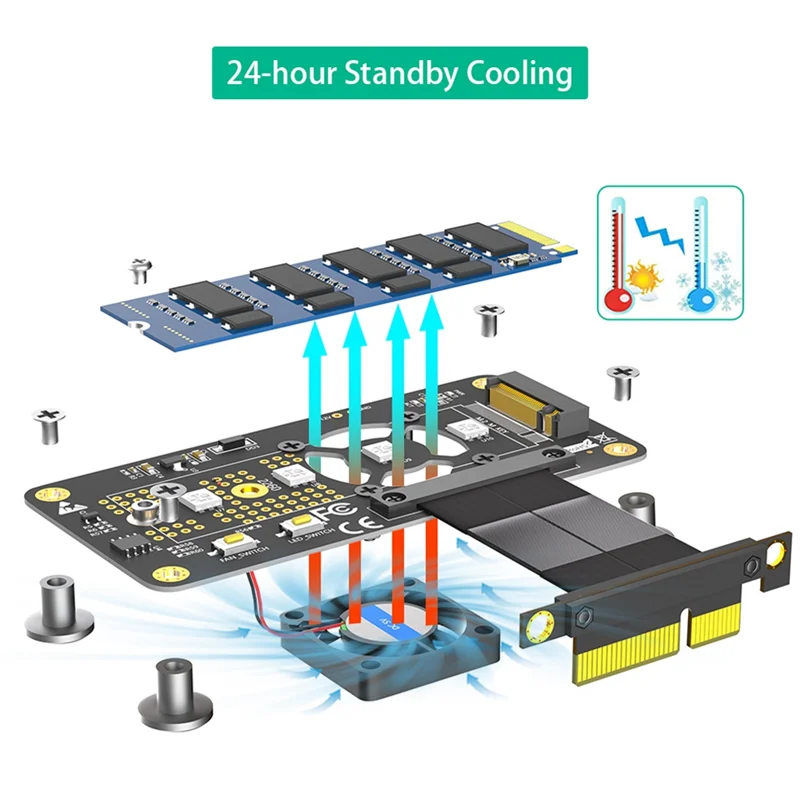 3 In 1 M.2( NGFF) NVME M-Key SSD To PCI-E 4X Extension Cable With Cooling Fan And Automatic Discoloration LED-A32R