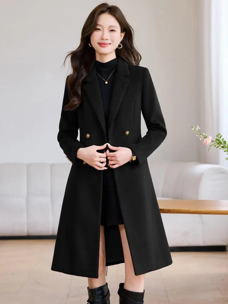 

Korean Fashion Women Black Blue Elegant Slim Woolen Coat Autumn Winter Vintage Red Double Breasted Long Sleeve Jacket Streetwear