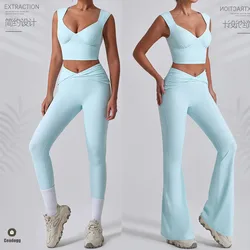 2PCS Women Yoga Set Workout Pant Outfits Fitness Sportswear Gym High Waist Flare Leggings Sports Bra Athletic Tracksuit XP238