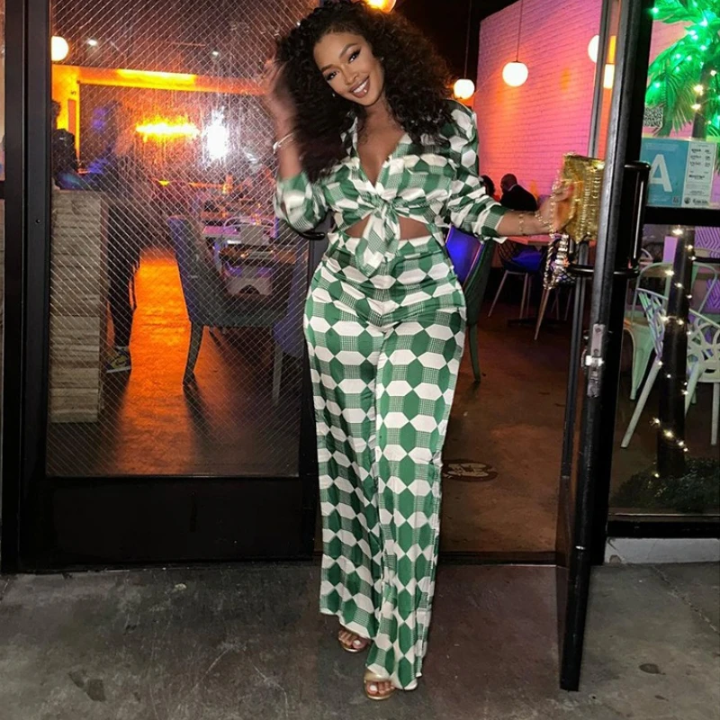 

Two Pieces Shirt Sets Women Casual Matching Suits Geometric Print Loose Long Sleeves Wide Leg Pants Elegant Office Lady Autumn