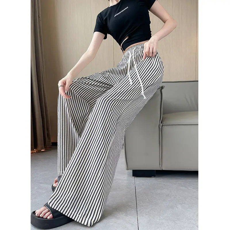 Women's wide leg elasticated trousers, casual, striped print, patchwork, strap, straight barrel, new for summer