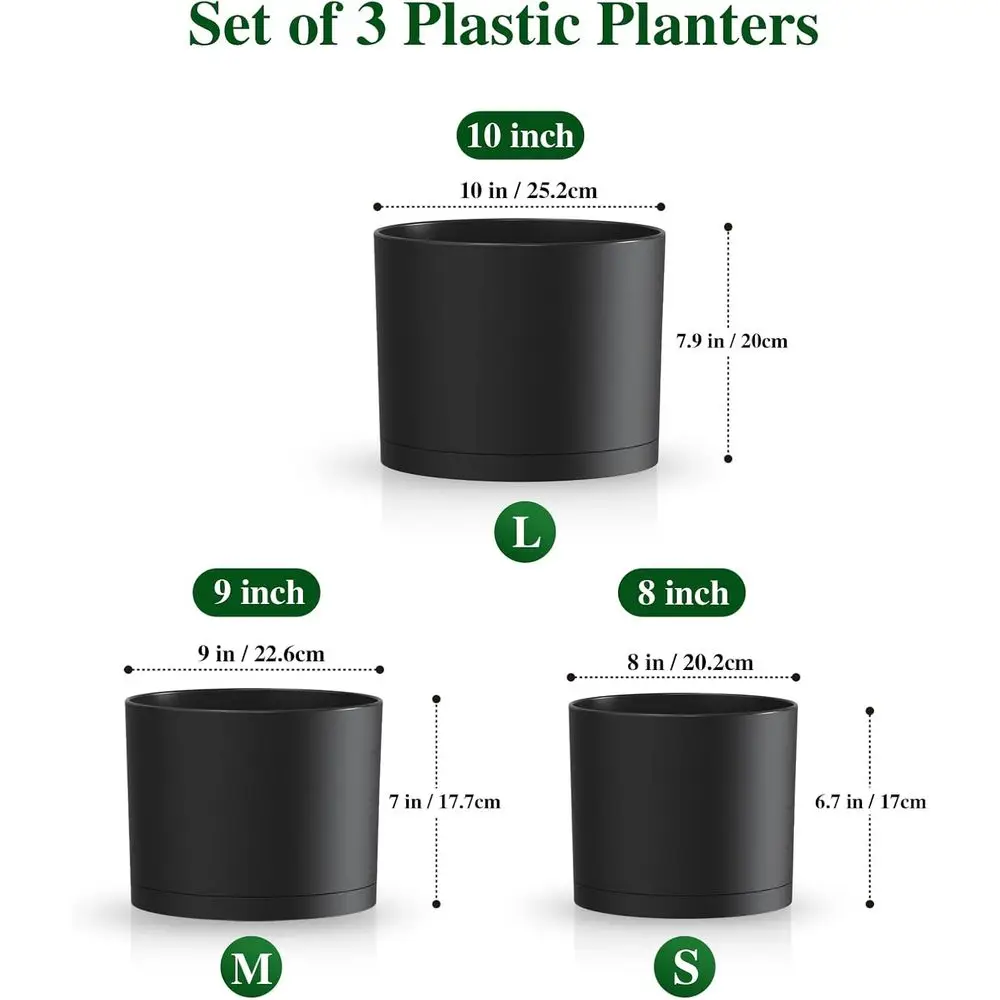 3-Pack 10/9/8 Inch Cylindrical Plastic Plant Pots with Drainage and Saucers for Indoor/Outdoor Plants, Black
