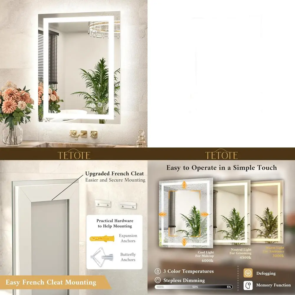 20x28 Inch LED Illuminated Bathroom Mirror, Anti-Fog, 3-Color Dimmable, Waterproof Tempered Glass Vanity Mirror