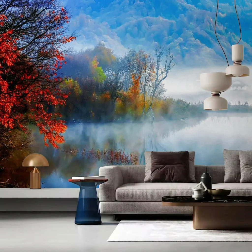 Fiery red maple trees, misty lake surface, background wall for living room and bedroom, self-adhesive material.