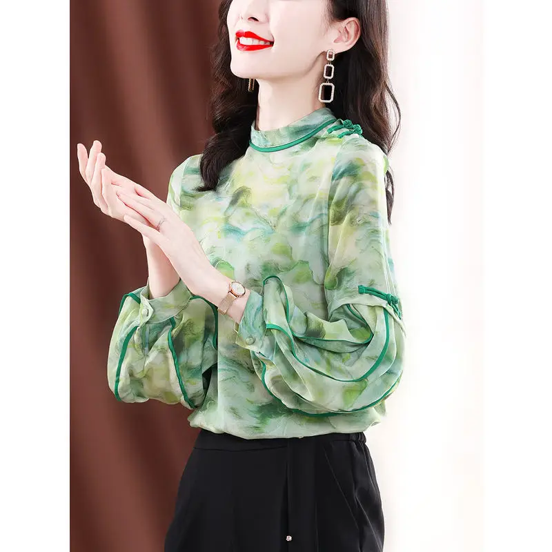 Women Summer Elegant Loose Fashion Printing O-neck Long Sleeve Shirts Women Clothes Casual All-match Appear Thin Patchwork Tops