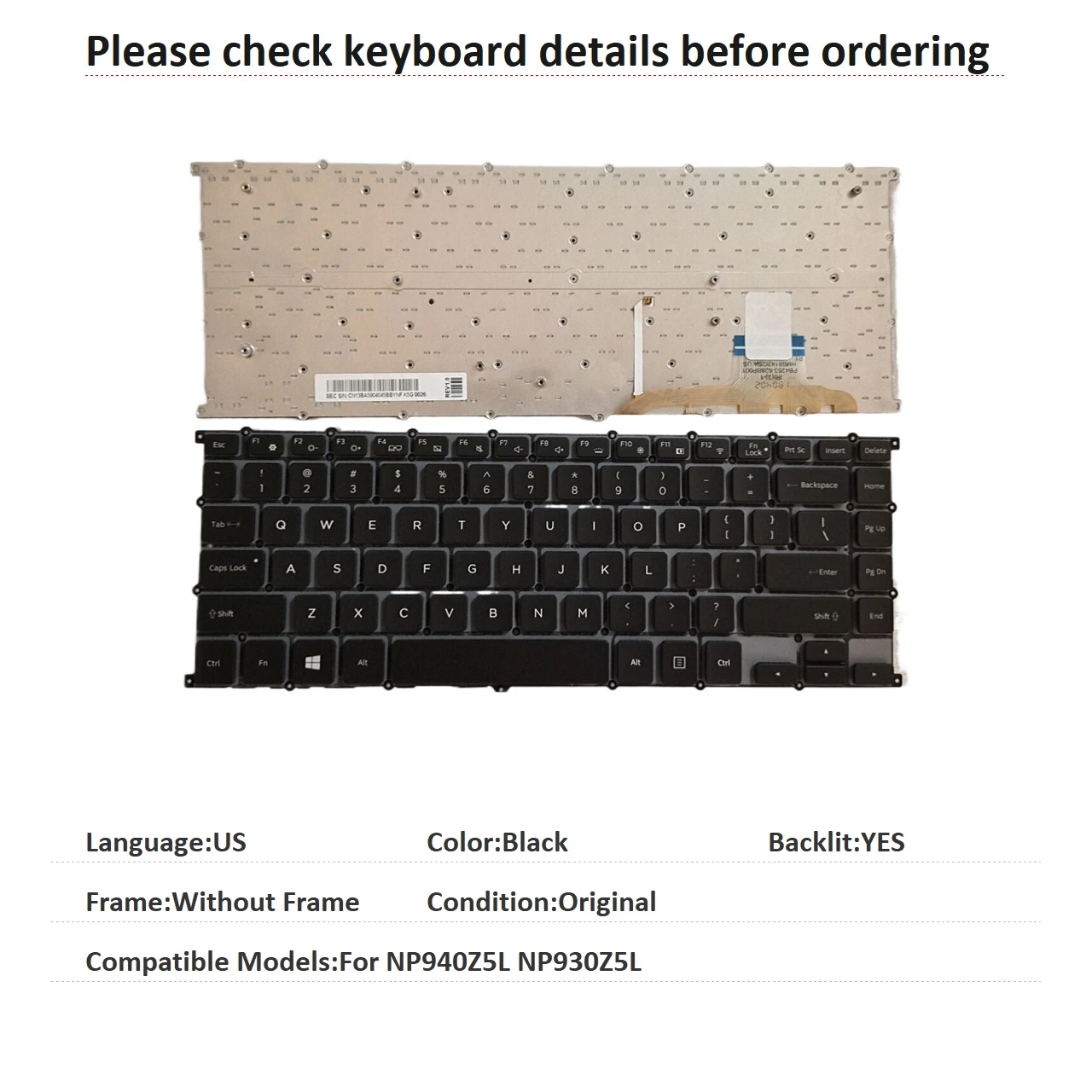 New US Language  Backlit Keyboard For Samsung NP940Z5L NP930Z5L Notebook PC Replacement Keyboard