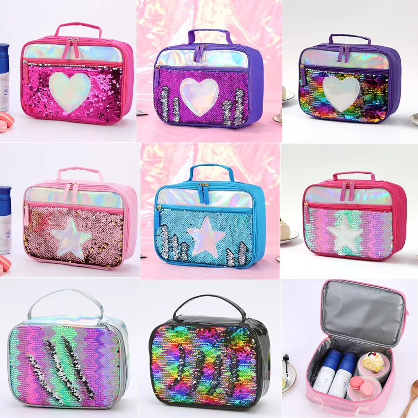 

Waterproof Sequin Lunch Box Bag Insulated Kids Girls Boy Lunch Box Glitter Tote Bag Picnic Pouch Aluminum Foil Insulation Bags