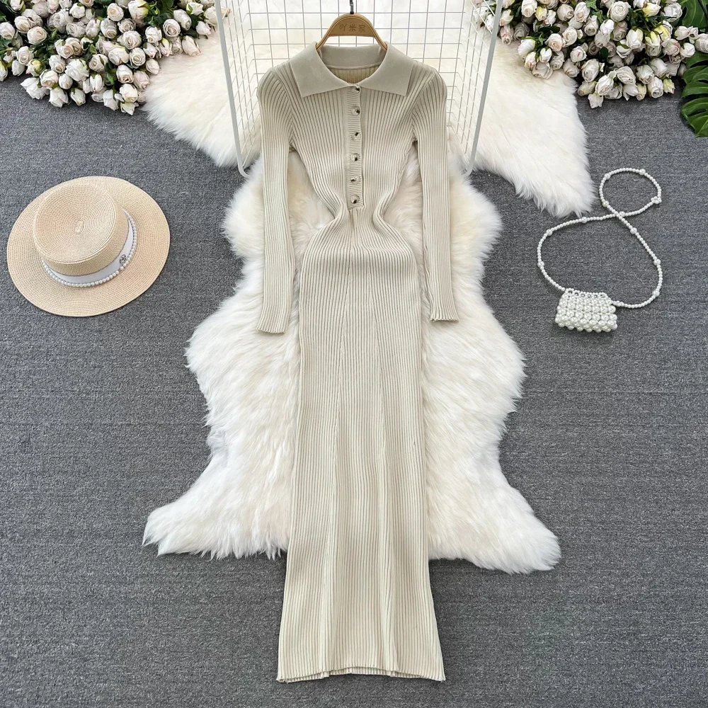 

Autumn Winter Polo Collar Women's Knitted Dresses 2024 New Solid Korean Long Sleeve Elegant Bodycon Wrap Dress Female