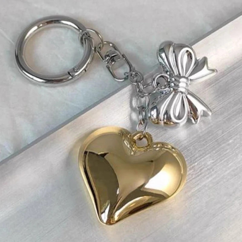 Vintage Love Heart Bowknot Keychain para Meninas, Y2K Bow Keyring, Car Chaveiro, Bag Pendant, Fone de ouvido Case Hanging Decoração